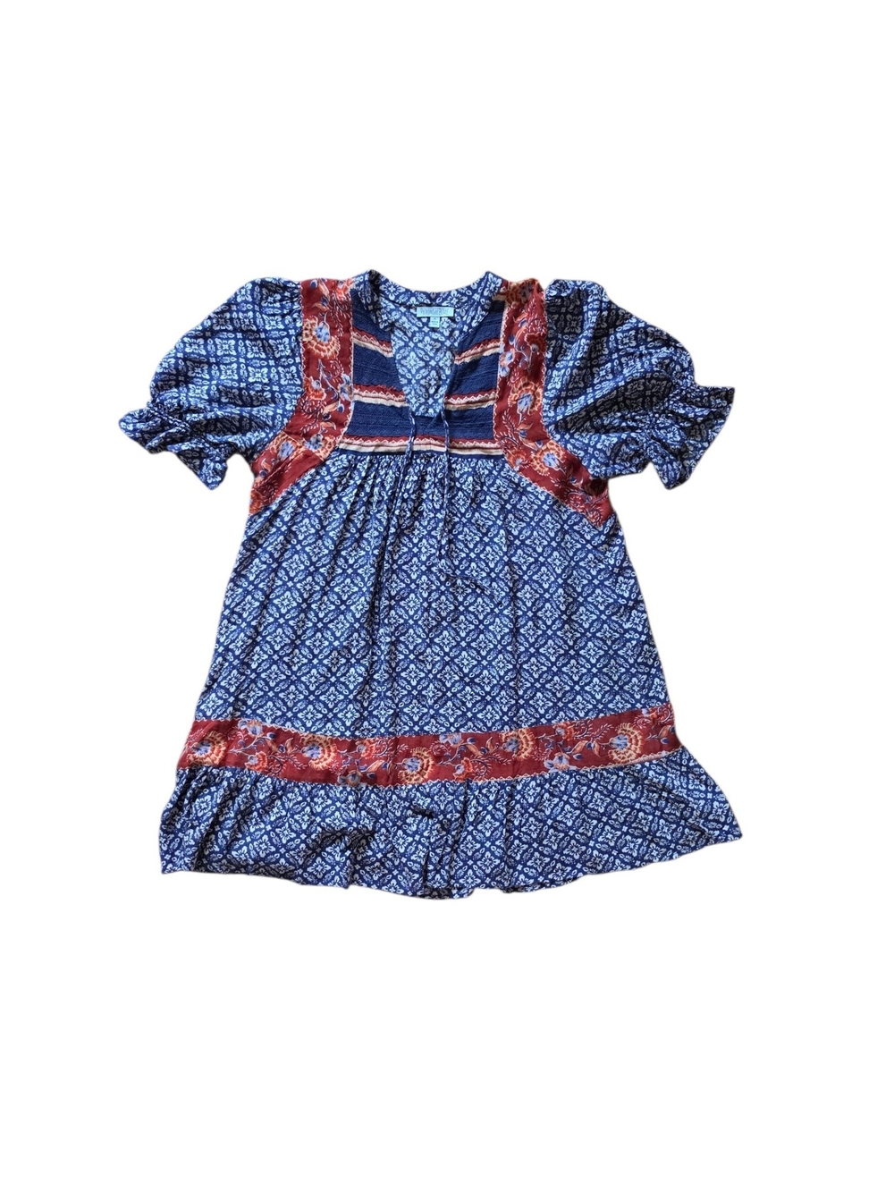 PATRONS OF PEACE Navy Floral & Rust-Patterned Tie-Front Tunic Mini Dress Medium - Picture 3 of 4